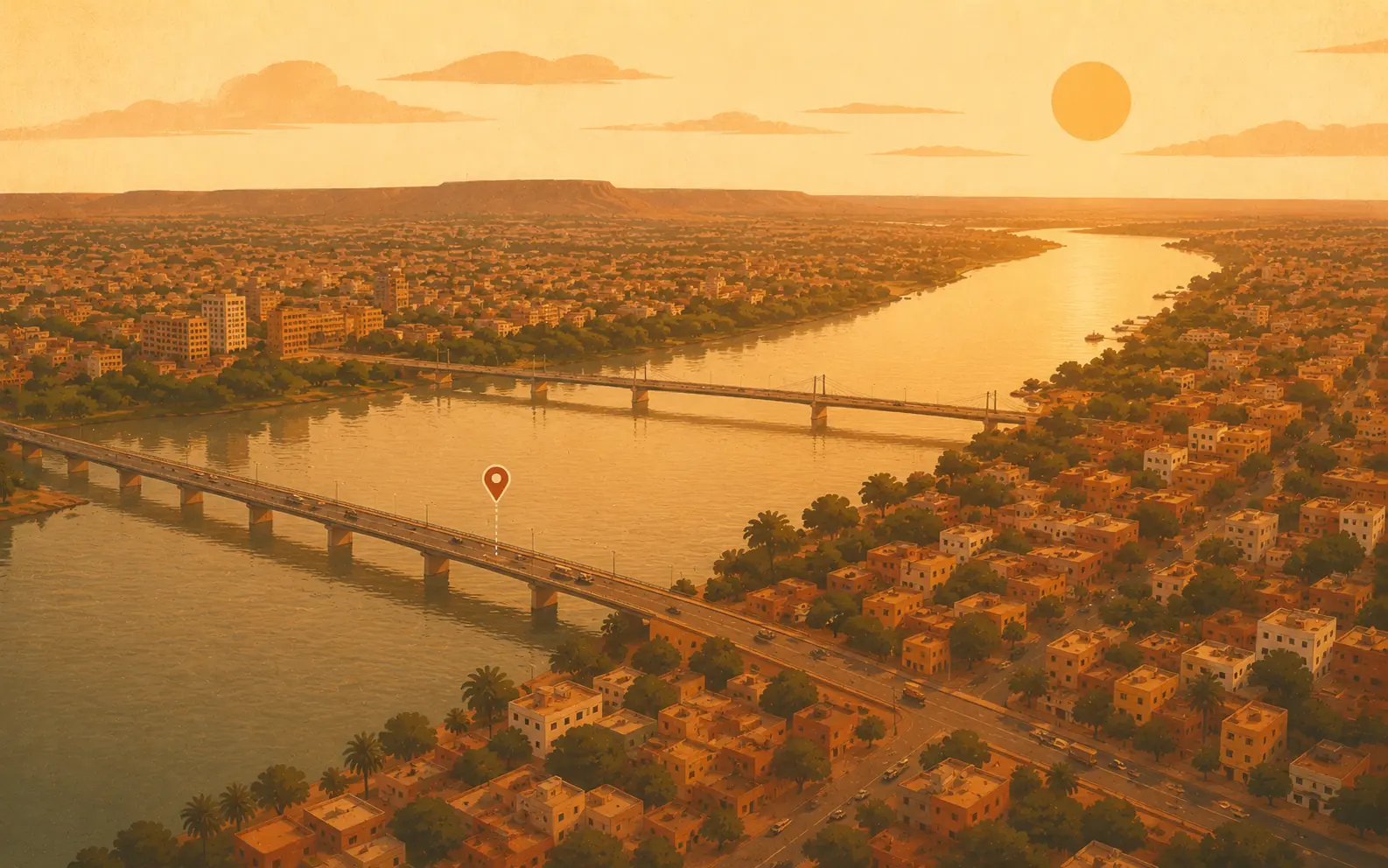Vue aérienne de Bamako et des ponts sur le fleuve Niger, zone de couverture GPS de Flottika au Mali